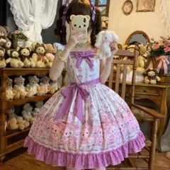 ロリータワンピース レッド くま柄テディベア スイーツ 甘ロリクラロリゴスロリ ロリータワンピース レッド くま柄テディベア スイーツ 甘ロリクラロリ