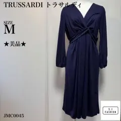 トラサルディ ラップ風ワンピース ドレープ ひざ丈 ウール100% ネイビー M