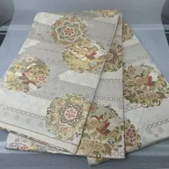 【上品錦】グレー系 六通柄袋帯 金线 銀线 花柄 鳥模様1223