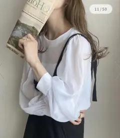 JUNOAH バルーンスリーブシアーブラウス ホワイト