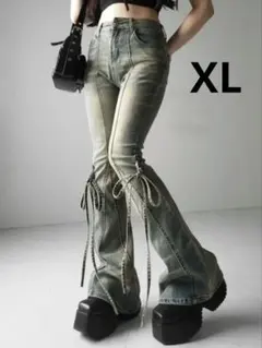 ミームセレクト リボンヴィンテージ フレアデニム パンツ ブルー 丈長め 高身長