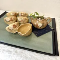 【古薩摩焼】 白 薩摩　金襴手　煎茶器セット　湯呑5客・湯冷まし・急須（蓋なし）