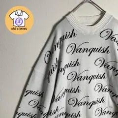 英字ロゴ　総柄　厚生地　ニット　セーター　モノトーン　白黒　ゆるダボ　古着　品質のサムネイル