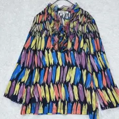 美品 HANAE MORI 大判 総花柄 フリル ブラウス 青 黄 日本製 46 - メルカリ