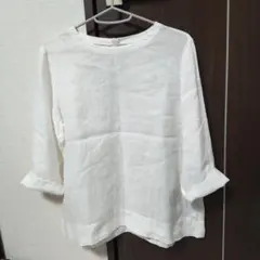 超美品☆MUJI無印良品リネン七分袖丸首ブラウス　白色　麻100%