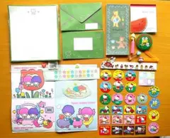 ハローキティ　サンリオ等文具セットレター　シール等昭和レトロ　追加キティうちわ等