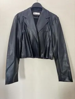 ZARA クロップド フェイクレザー ジャケット ネイビー ショート丈 M