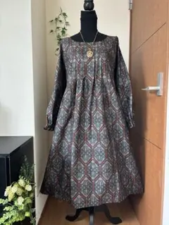 No232 大島紬着物リメイク 7マルキ茶泥大島紬ロールカラーパフスリーブワンピ No232 大島紬着物リメイク 7マルキ茶泥大島紬ロールカラーパフスリーブ