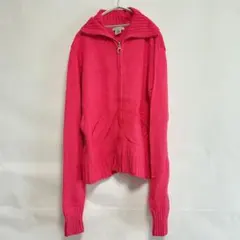 US古着XL 鮮やかピンク フルジップ ニットパーカー デカ襟y2kリングジップ