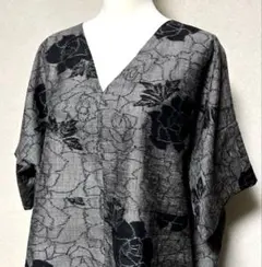 着物リメイク 紬 薔薇花柄模様Vネック半袖チュニックワンピース