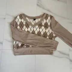 SHEIN アーガイル柄 Vネック クロップドニット　ピンクベージュ