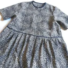 着物リメイク＊ピンタックチュニック＊紺色に花柄の紬