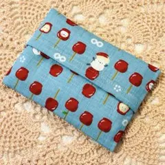 ハンドメイド　ポケットティッシュケース　りんご飴　シマエナガ　ブルー
