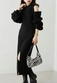 Chico/肩開きハイネックタイトロングワンピース/黒/即購入可