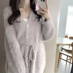 GRL ベルト付きシャギーニットロングカーディガン