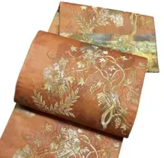 AA17袋帯 六通柄 唐織　膨れ織　金糸　葡萄藤 草 正絹 着物