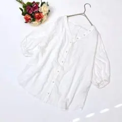 美品✨ディスコート（M）五分袖ブラウス シャツ パールボタン ホワイト白 通勤