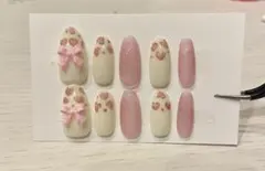 ネイルチップ リボンネイルチップ ハートとリボンのネイルチップ ヒョウ柄ネイル