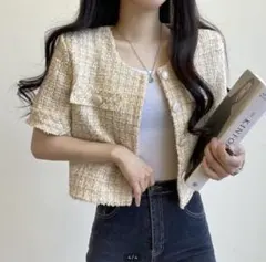 ツイード ノーカラージャケット　半袖　イエロー