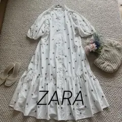 ✨美品✨ZARA ザラ　 花柄　刺繍 ワンピース　パフスリーブティアード　綿　白