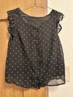 ドット柄 シフォンブラウス フリル袖 ブラック M 半袖 水玉