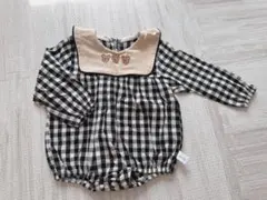 くま刺繍　チェック柄　ロンパース　双子
