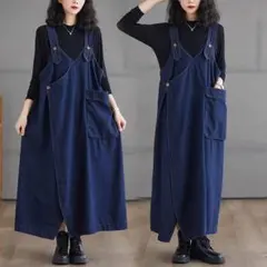 ワンピース デニム ロング　通年 体型カバー サロペットスカート ゆったり