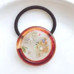 レジンヘアゴム　べっ甲　ミモザブーケ　リボン　ナチュラル