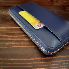 C2 本革　栃木レザー　長財布　ラウンドファスナー　メンズ　紺　ヌメ革