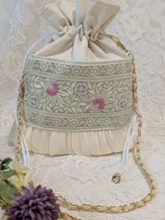 インド刺繍　巾着バッグ　サコッシュ　65