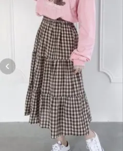 Louemeギンガムチェックティアードロングスカート茶色(おまけ付き)のサムネイル