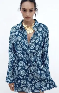 ZARA ボタニカル 花柄 シャツワンピース ブルー S