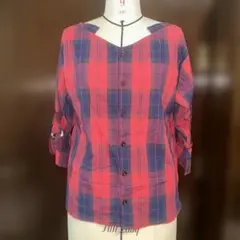 ロデオクラウンズチェック柄五分袖ブラウス 赤とネイビーF