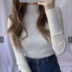 GRL リブ編みホワイトタートルネックセーター