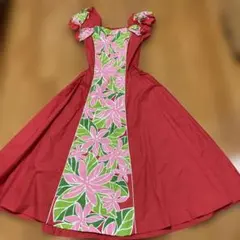 フラダンスドレス 赤 花柄 コットン
