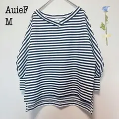 AuieFボーダーカットソー五分袖Vネックゆったり白ネイビー春夏きれいめ