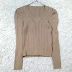 セゾンドパピヨン リブニット Vネック 長袖 ベージュ M 上品 ギャザー