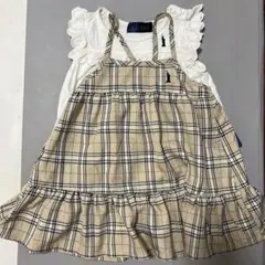 ベージュ チェック ノースリーブ ワンピース シャツセット