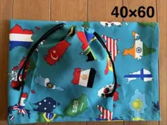 訳あり★ターコイズブルー国旗と国の形★給食セット★巾着＆ランチョン40×60学習