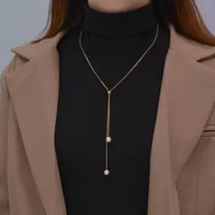 レディース　女性　アクセサリー　ゴールドループタイ パール付き　ネックレス