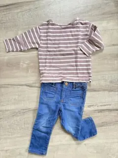 紫と白のストライプTシャツとデニムパンツセット　90センチ
