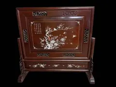 T1710☆細密螺鈿 折り畳み屏風 黒漆 螺鈿細工 立体玉石象嵌 6連