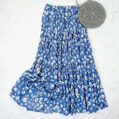 美品　ザラ 花柄 ロングスカート ZARA ブルー コットンフレアスカート