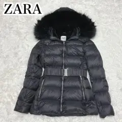 ZARA ザラ　ダウンコート　Aライン　フードファー・ベルト　2way　ブラック