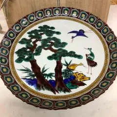 九谷焼 三代 三ツ井為吉 色絵雉図 飾皿 絵皿 共箱布付 古九谷写 大皿 九谷焼 三代 三ツ井為吉 色絵雉図 飾皿 絵皿 共箱布付 古九谷写 大皿