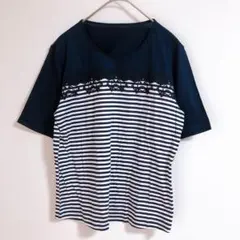 【moka】（S）刺繍入りボーダー柄Tシャツ/半袖カットソー/カジュアル