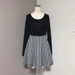 リップサービス チェック 切り替え フレア ワンピース ブラック