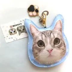 【値下】もちまる日記 猫型パスケース ブルー　肉球チャーム付のサムネイル
