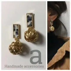 1197-1グレー豹柄☺︎ハラコ風スクエア型ゴールドとメタルゴールドボール☺︎