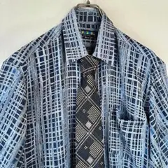 古着 ネクタイシャツ 半袖 総柄 シアー シースルー 紺 ネイビー L コーデ